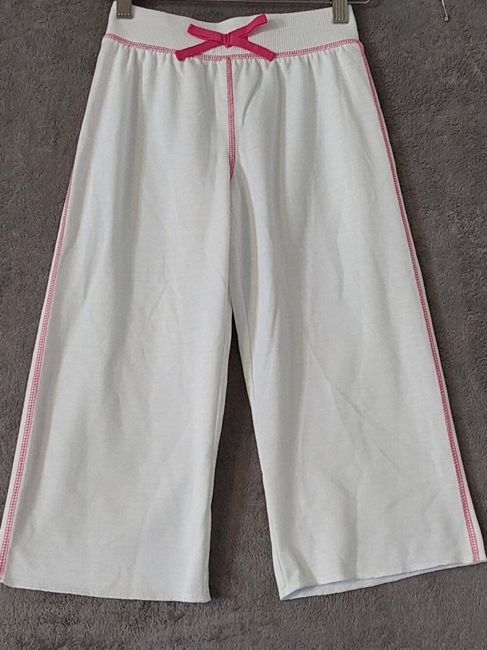 Girls White Capri Lounge Pants Pink Trim Drawstring Knit Play Pants Size M 7/8